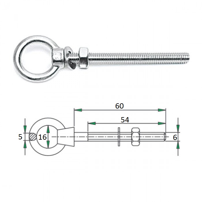 Рым-болт с проушиной  6х60мм диаметр уха 16 мм